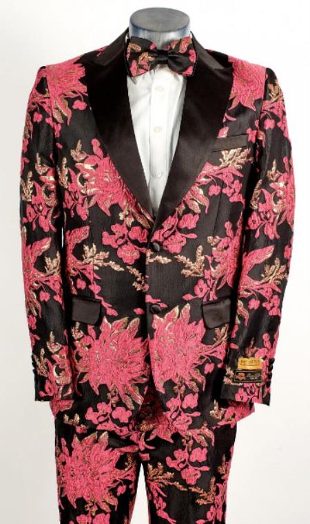 Mens Hot Pink Fuschia ~ Black 2 Button Floral Paisley Tuxedo