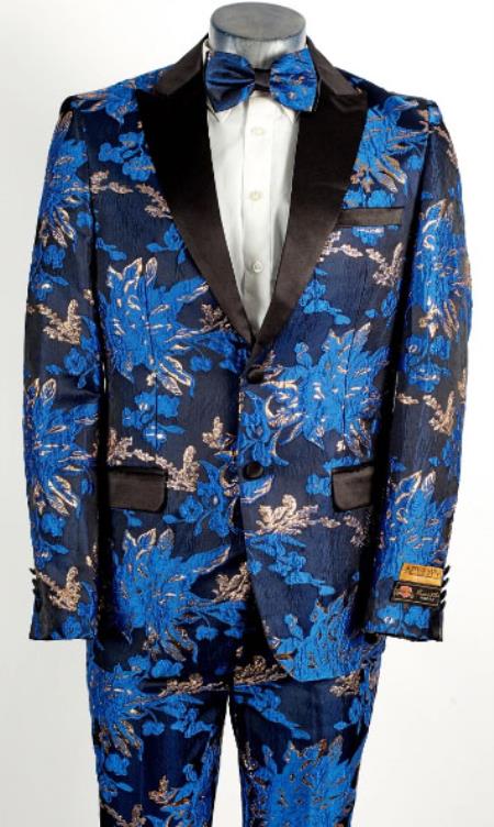Mens Royal Blue and Gold 2 Button Paisley Tuxedo