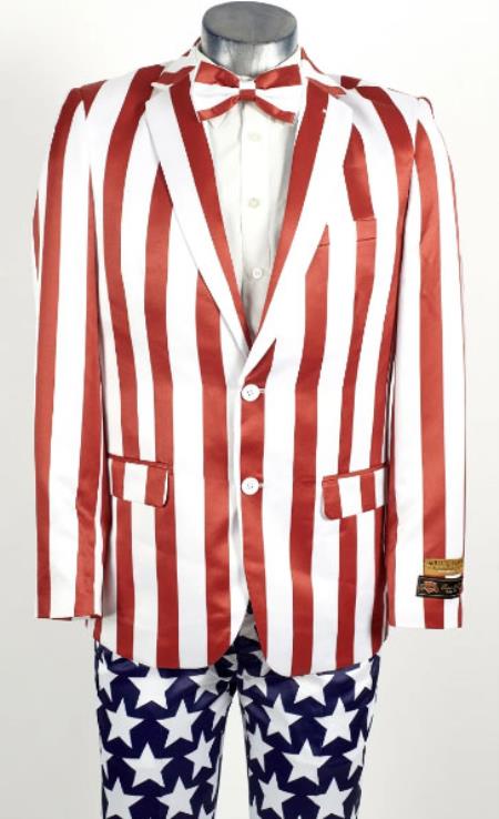 Mens Red ~ White Stripes 2 Button American Flag Patriotic Suit