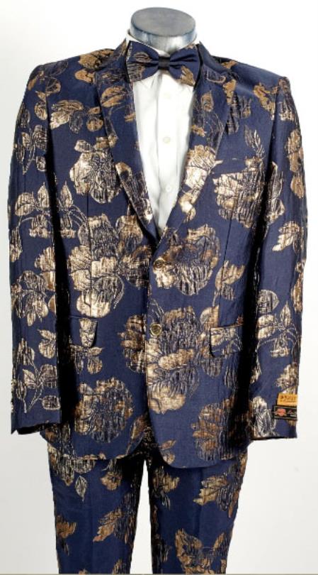 Mens Navy Blue ~ Gold 2 Button Foil Floral Paisley Prom and Wedding Tuxedo