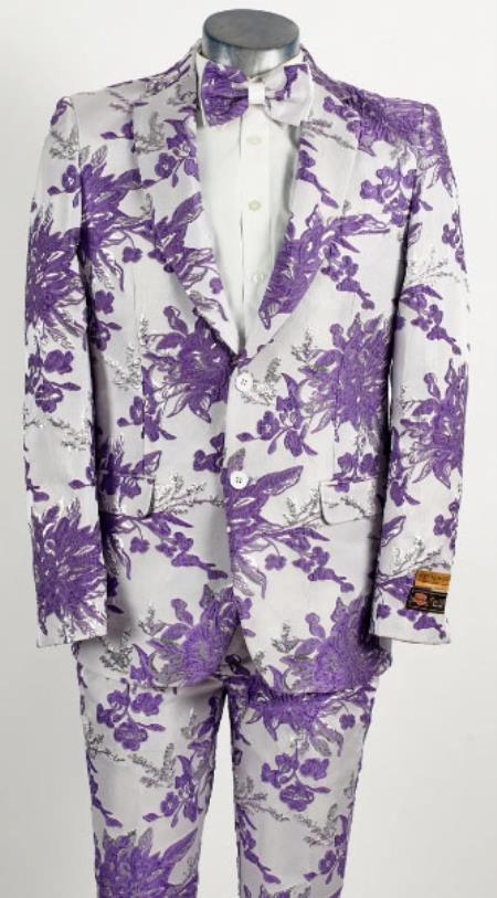 Mens White and Lavender Purple 2 Button Floral Paisley Prom and Wedding Tuxedo