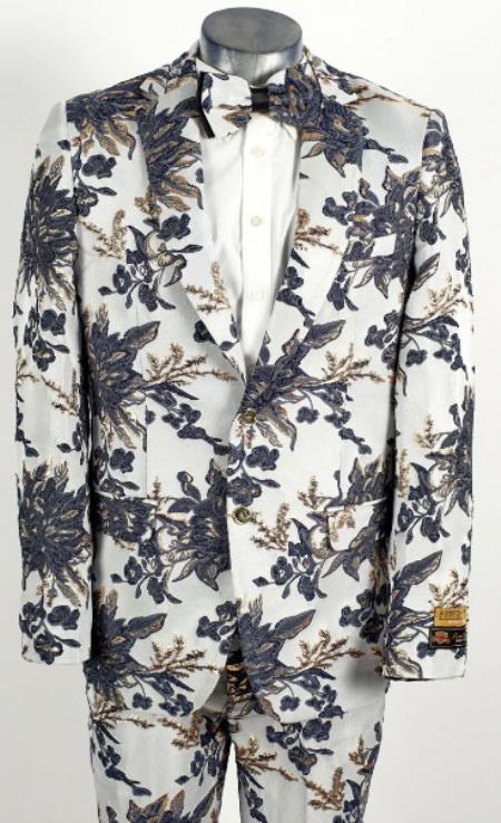 Mens White ~ Navy 2 Button Foil Floral Paisley Prom and Wedd
