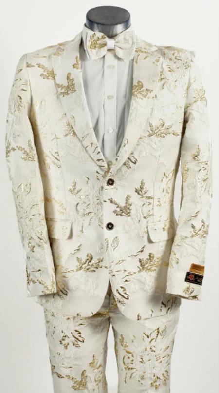 Mens White and Gold 2 Button Foil Floral Paisley Prom and Wedding Tuxedo