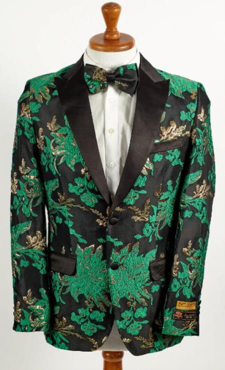 Mens Hunter Green ~ Gold and Black 2 Button Floral Paisley Tuxedo Blazer