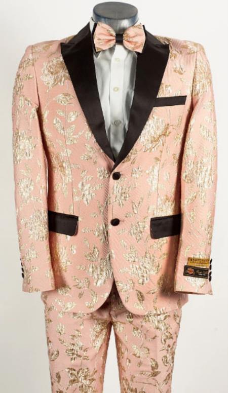 Mens Pink Suit - Paisley Fancy Floral Suit with Matching Bowtie