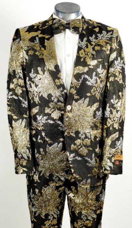 Mens Black and Gold 2 Button Floral Paisley Prom and Wedding Tuxedo