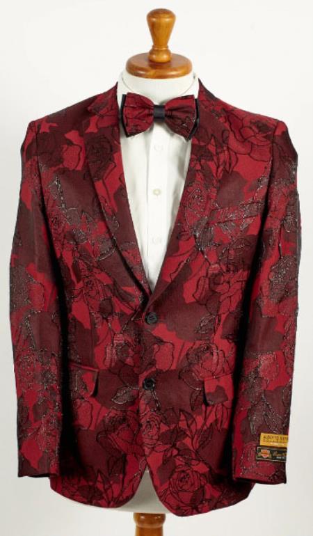 Mens Burgundy 2 Button Floral Paisley Prom and Wedding Blazer