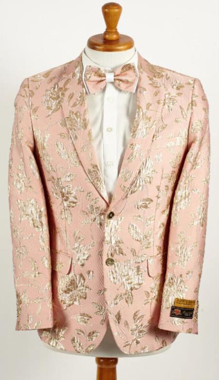 Mens Light Pink and Gold 2 Button Foil Floral Paisley Prom and Wedding Blazer