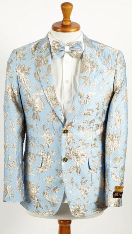 Mens Sky Blue and Silver 2 Button Foil Paisley Prom and Wedding Blazer