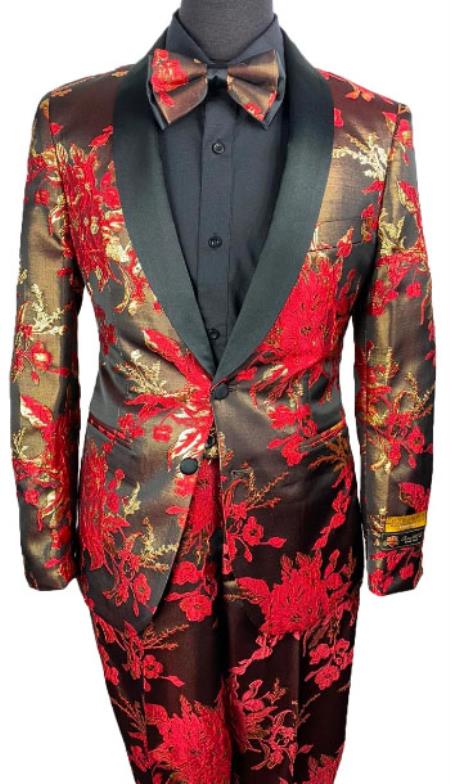 Mens Floral Prom Tuxedo in Red and Gold Package w/ Matching Pants and Bowtie