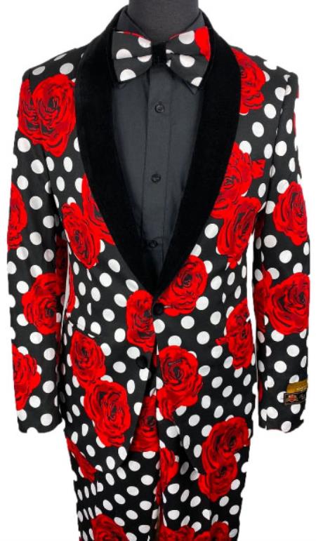 Mens Black and White Polka Dot Prom Tuxedo with Roses Package w/ Matching Pants and Bowtie