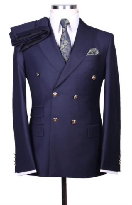 Slim Fitted Cut Mens Midnight Blue Double Breasted Blazers - 100% Wool Double Breasted Sport Coat