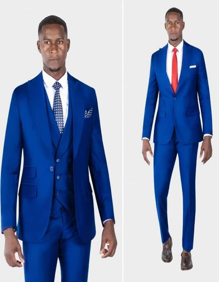 Mens One Button Peak Label Blue Suit