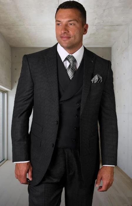 Plaid Suit - Windowpane Suit - Super 150s %100 Wool Vested 3 Piece Suits