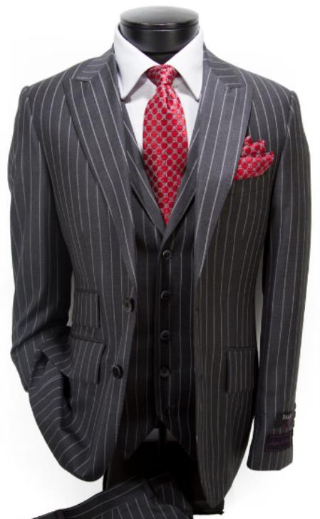 Mens Slim Fit 3pc Suit - Grey Pin Stripe