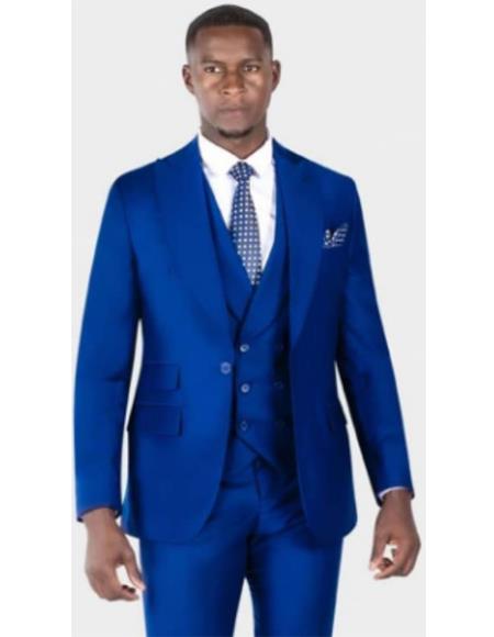 Mens One Button Single Breasted Peak Lapel Double Breasted Vest Ticket Pocket Suit Royal Blue