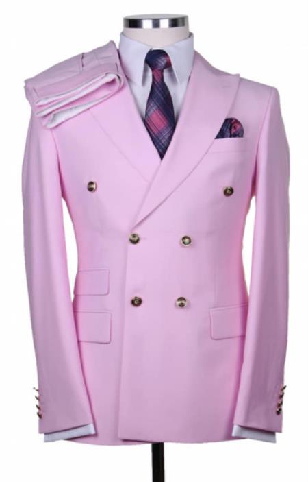 Style#-B6362 Slim Fitted Cut Mens Double Breasted Blazer - %100 Wool Light Pink Double Breasted Sport Coat