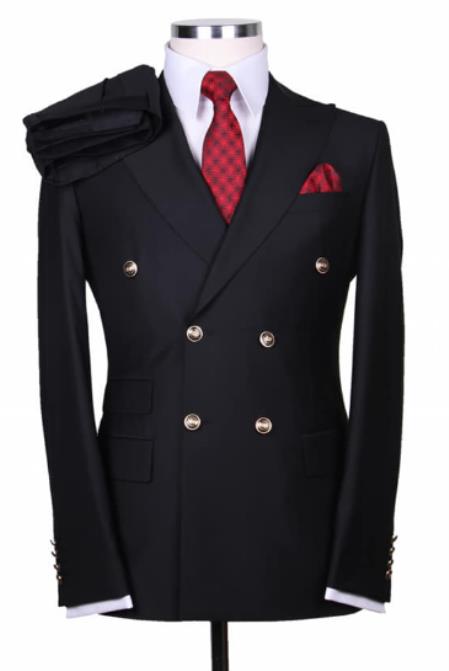 Style#-B6362 Slim Fitted Cut Mens Double Breasted Blazer - %100 Wool Black Double Breasted Sport Coat