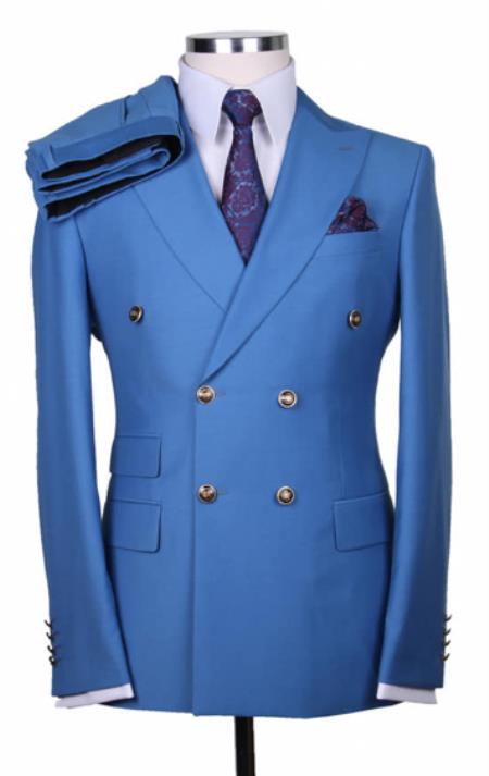 Style#-B6362 Slim Fitted Cut Mens Double Breasted Blazer - %100 Wool Blue Double Breasted Sport Coat