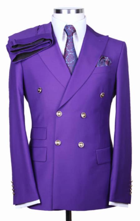 Style#-B6362 Slim Fitted Cut Mens Double Breasted Blazer - %100 Wool Purple Double Breasted Sport Coat