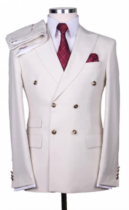 Double Breasted Off-White Peak Lapel Slim-Fit Suit
