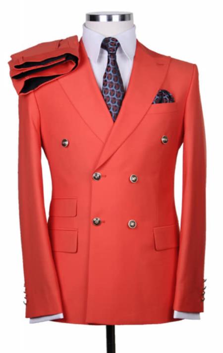 Slim Fitted Cut Mens Double Breasted Suit - Fabric - Flat Front Pants - Orange Suit