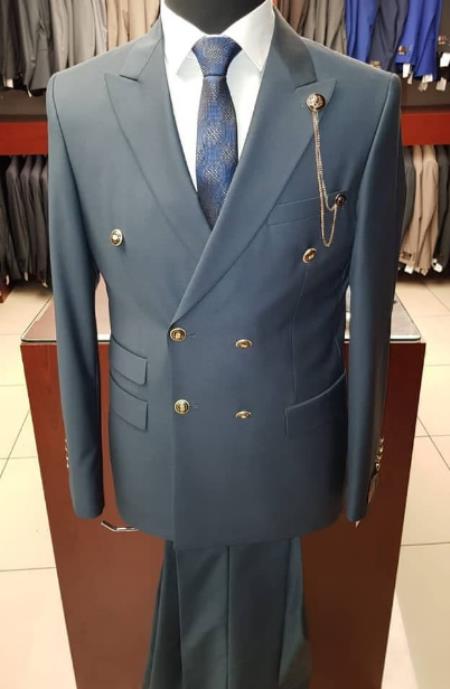 Slim Fitted Cut Mens Double Breasted Suit - Fabric - Flat Front Pants - 100% Wool Fabric