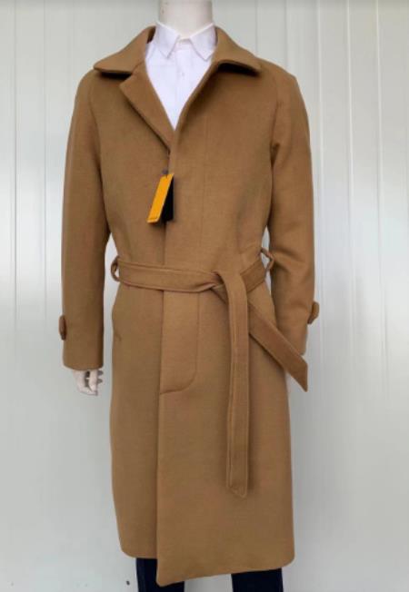Mens Full Length Wool and Cashmere Overcoat - Winter Topcoats - Camel - Vicuna Coat