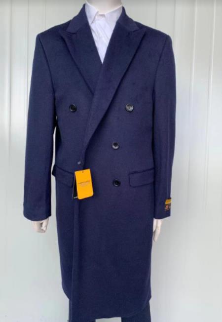Mens Full Length Wool and Cashmere Overcoat - Winter Topcoats - Blue Coat