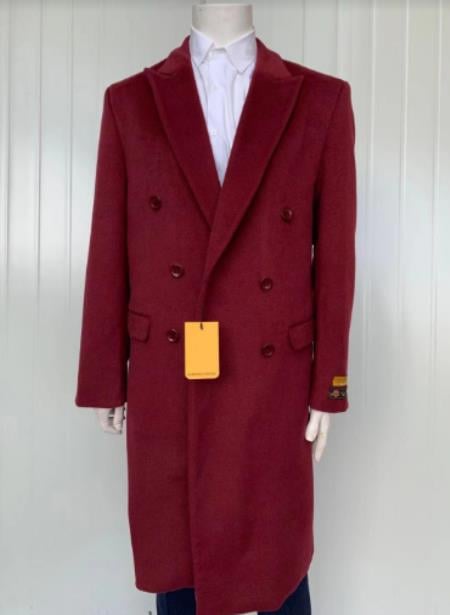Mens Full Length Wool and Cashmere Overcoat - Winter Topcoats - Burgundy Coat