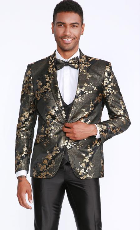 Style#-B6362 Black and Gold Blazer - Paisley Floral Sport Coat