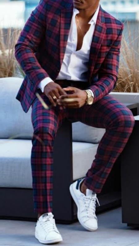Mens Red and Blue Plaid Suit - 3 Piece Vested Windowpane Pattern - Wool Suit