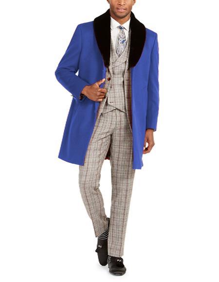 Mens Carcoat - Wool and and Cashmere Coat With Fur Collar + Royal Blue Coat