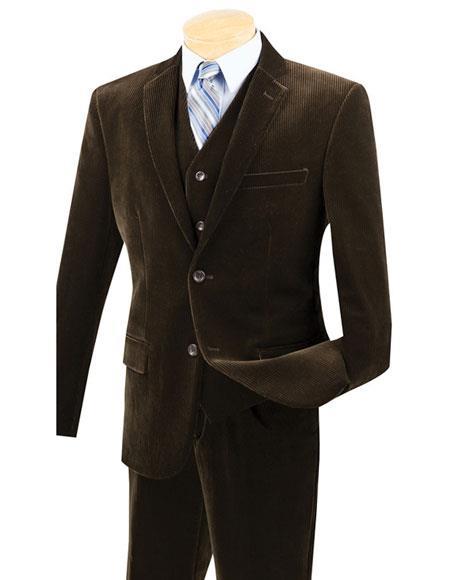 Mens Corduroy Suit Mens Two Buttons Pinstripe ~ Stripe Corduroy 2 Piece Vested Suits Flat Front Pant