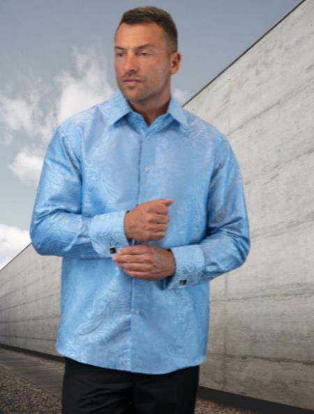Light Texture Classy French-Cuffs Poly Rayon Blue Shirt