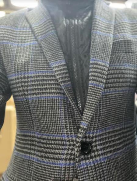 Mens Houndstooth Charcoal Grey With Blue Pattern Plaid Blazer - Windowpane Sport Coat