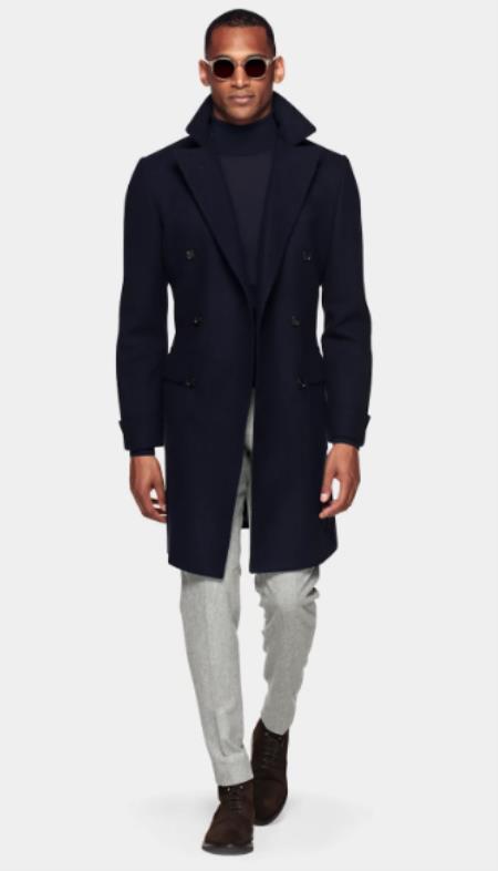 Double Breasted and Cashmere Overcoat - Navy 3/4 Length Car Coat