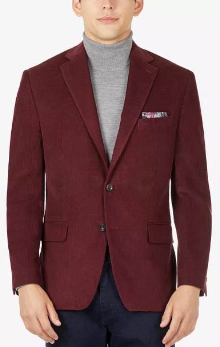 Style#-B6362 100% Cotton Stretch Men's Modern-Fit Corduroy Burgundy Blazer