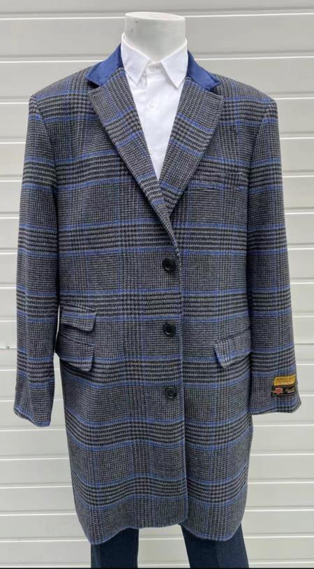 Mens Plaid Overcoat - Plaid and Cashmere Topcoats - Gray Carcoat