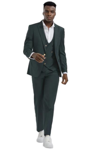 Emerald Green and Gold Buttons Suit With Vest With Double Breasted Vest Slim Fit