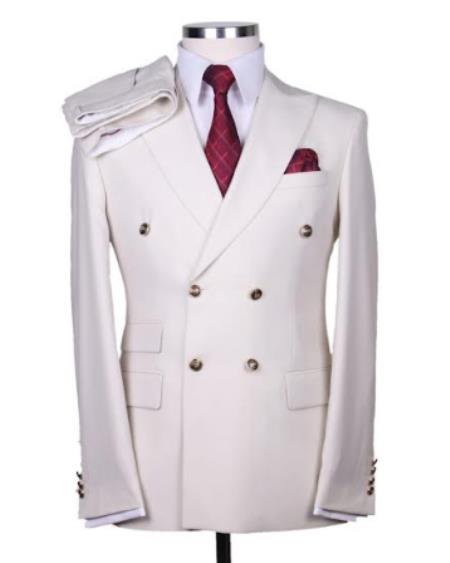 Slim Fitted Cut Double Breasted Suit With Gold Buttons - Off White - Cream - Ivory Suit Flat Front Pants
