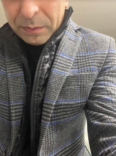 Style#-B6362 Mens Charcoal Grey and Blue Plaid Blazer - Charcoal Houndstooth Checkered Sport Coat