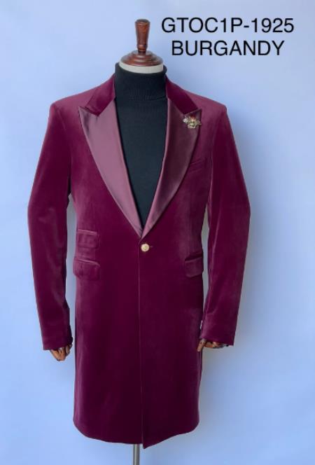 Mens Velvet Tuxedo 34 Inch Long Coat - Velvet Blazer - Three Quarter Burgundy Dinner Jacket