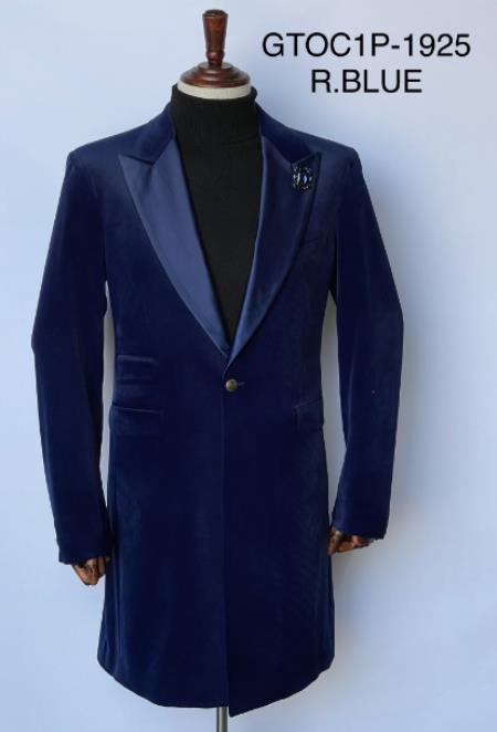 Mens Velvet Tuxedo 34 Inch Long Coat - Velvet Blazer - Three Quarter R-Blue Dinner Jacket