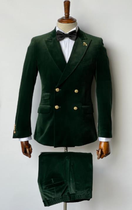 Mens Velvet Suit - Slim Fit Double Breasted Suit Blazer and Pants - Green