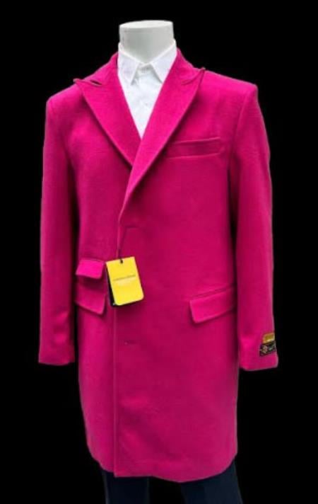 Mens Hot Pink Wool Fashion Overcoat - Hot Pink Carcoat