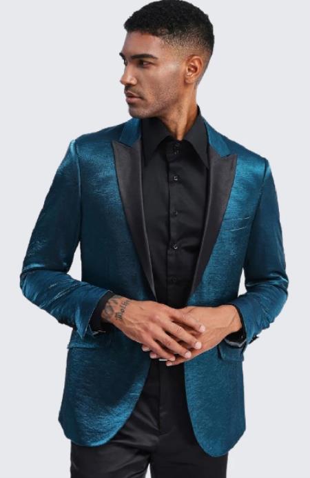 Turquoise Tuxedo Jacket Shiny Slim Fit With Peak Lapel - Bla