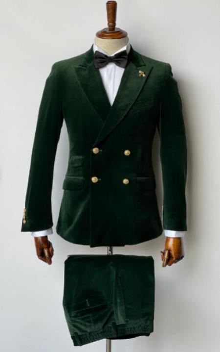 Mens Velvet Suit - Slim Fit  Double Breasted Suit - Blazer and Pants Green