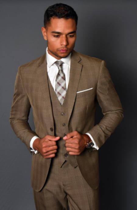 Plaid Suit - 3 Piece Vested Suits - 2 Buttons Windowpane Suit Taupe - Tan - Coffee