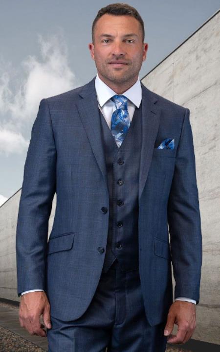 Plaid Suit - 3 Piece Vested Suits - 2 Buttons Windowpane Suit - Charcoal Suit